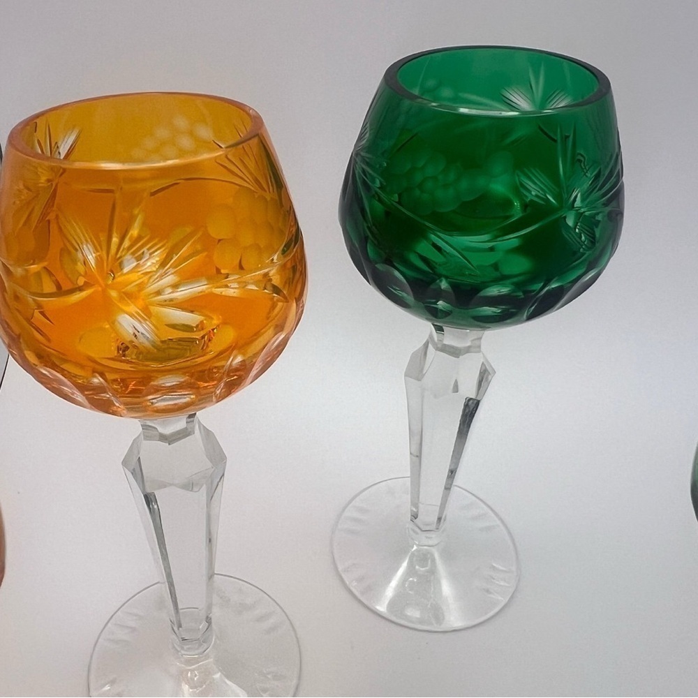 Handblown Crystal Cordial Glasses, Emerald Green and Orange - Picture 6 of 11